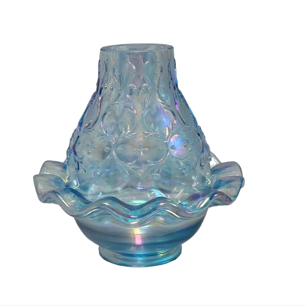 COPY - FENTON SPANISH LACE IRIDESENT BLUE CARNIVAL GLASS FAIRY LAMP